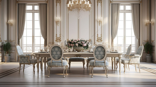 华丽的巴洛克式客厅配有现代经典餐桌和服务 3D 渲染