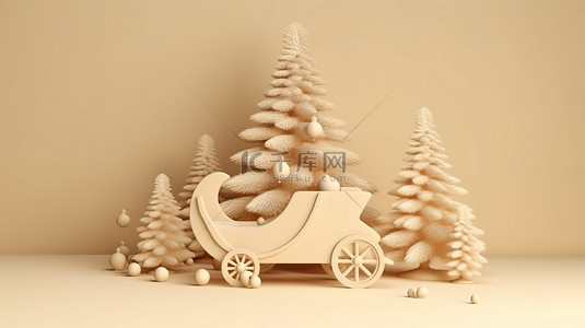 3D 渲染奶油色背景与圣诞树和新年雪橇