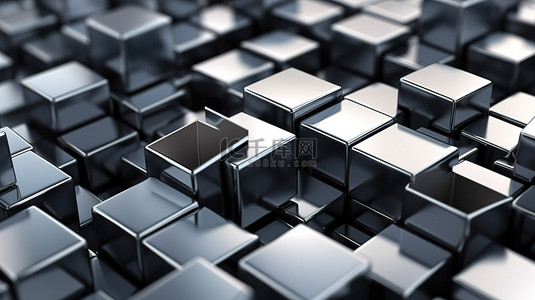 钢金属立方体的等距 3D 渲染简约抽象背景图案