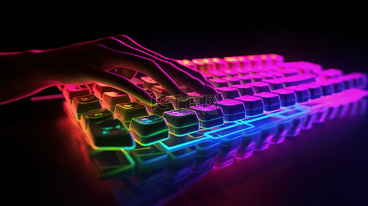 键盘打字的手背景图片_RGB 灯照亮的键盘，卡通手打字