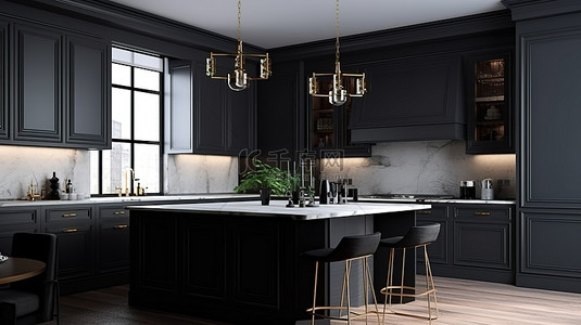 现代厨房室内设计，配有深色家具简约的外墙和豪华的大理石台面 3D 渲染