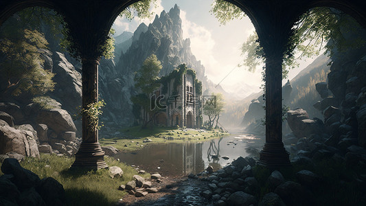 游戏原画背景图片_游戏场景石头建筑自然背景
