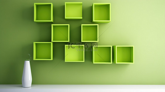产品显示背景图片_在墙上显示 3D 绿色方框