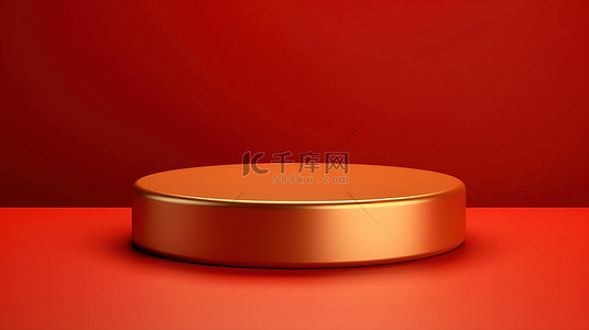 红色颁奖舞台背景背景图片_红色背景舞台上金基座讲台的 3D 渲染，用于产品展示或颁奖典礼