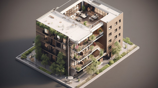 等距住宅建筑令人惊叹的 3d 渲染插图