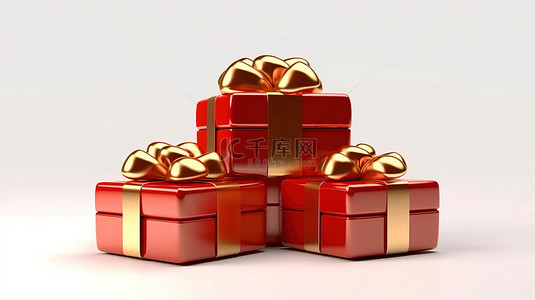 红色礼品盒上的金色领结，白色背景 3D 渲染，具有充足的复制空间
