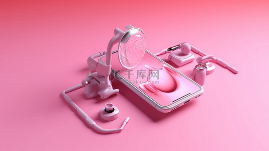具有小区广播功能的粉红色背景医疗智能手机的 3D 渲染