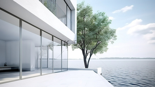 现代白宫，设有宽敞的露台，可欣赏 3D 湖景，窗户设计令人印象深刻
