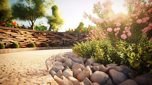 田园诗般的花园绿洲，有石墙和砾石路，以 3D 渲染