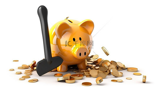 金融锤子背景图片_锤子和硬币在白色背景 3D 渲染中隔离的粉碎存钱罐旁边