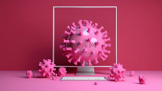 出病毒背景图片_弹出窗口描绘粉红色背景下 3D 渲染中的病毒检测