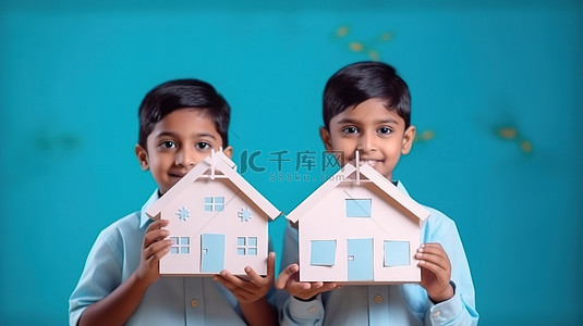 印度年轻儿童展示 3D 纸房子模型，描绘创造力和房地产表达