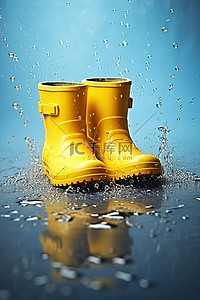 一双黄色雨鞋沾满了水