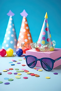 桌上放着帽子和太阳镜的彩色生日配饰