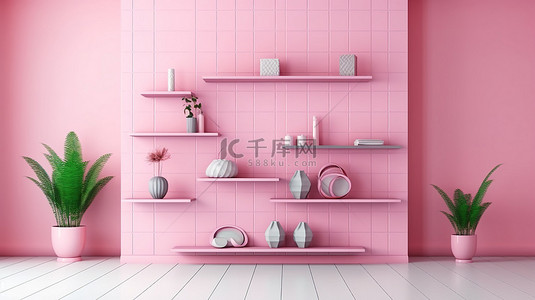 背景墙粉色背景图片_简约的粉色柔和房间，配有架子墙和瓷砖地板 3D 渲染