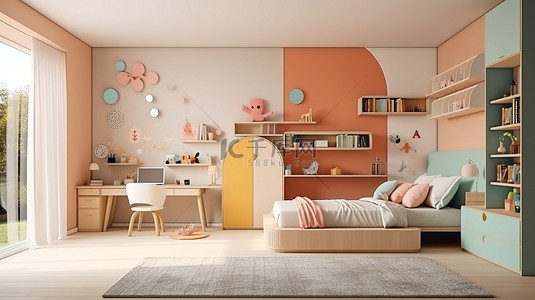 儿童卧室的 3D 渲染，配有床书架玩具柜和地毯