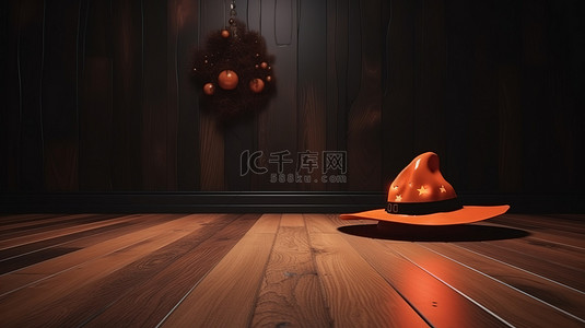 幽灵般的万圣节之夜 3D 南瓜女巫帽子和满月下木地板上的鬼魂