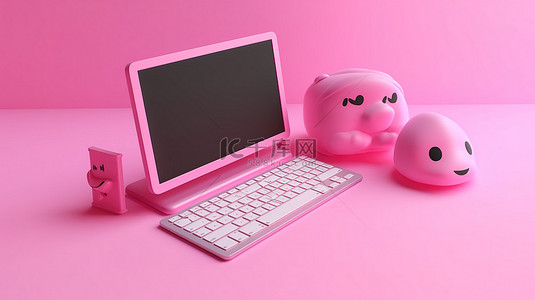 3D 渲染中的计算机桌面，带有粉色背景上的聊天键盘表情符号通知图标