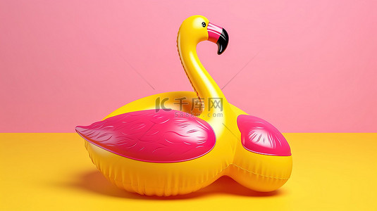 夏季游泳季节漂浮在黄水背景上的粉色火烈鸟充气泳池玩具的 3D 渲染