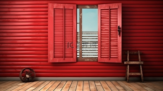 仿古游船背景图片_3D 渲染复古红色木窗，质朴的木板墙背景上配有百叶窗
