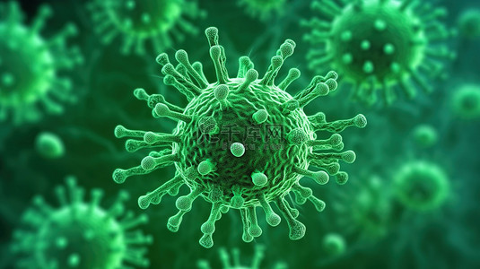 医学健康科学背景图片_绿色病毒细胞和细菌的 3D 渲染是医学和科学概念的交叉点