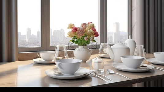 餐桌桌面背景图片_以 3D 渲染的精致餐桌布置