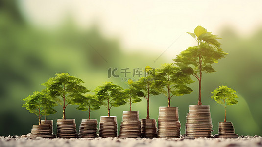 白色背景上与树一起生长的硬币堆的 3D 插图，象征着储蓄和增长
