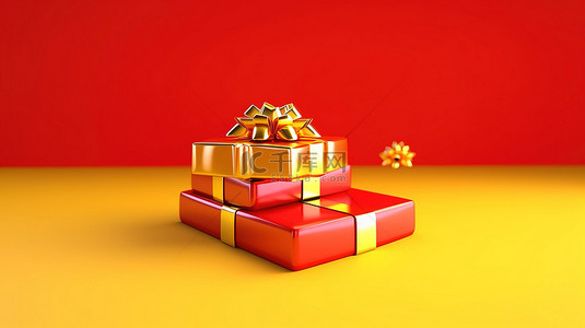 欢乐的新年礼品卡充满活力的黄色与流行的喜庆红色 3D 渲染图像