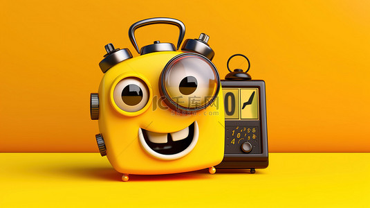 可爱闹钟背景图片_用 3D 渲染创建的充满活力的黄色背景上的数码相机闹钟字符吉祥物
