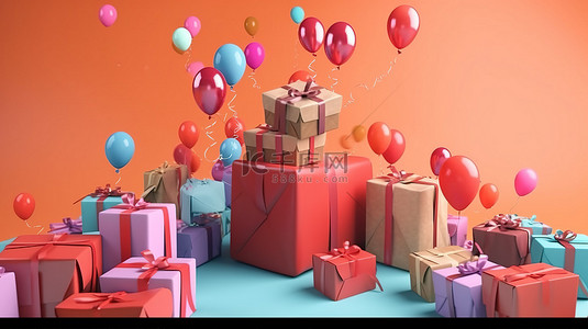 代表在线购物概念的礼品盒和购物袋气球的 3D 渲染