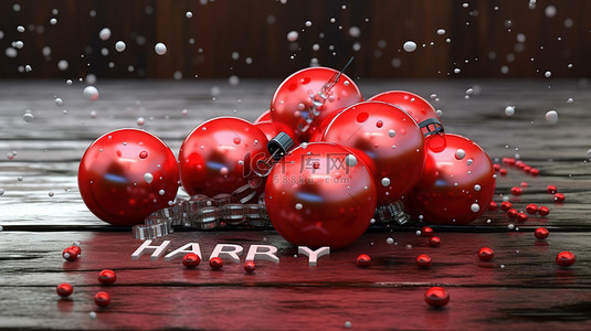 冬季假期的优雅 3D 插图红球冰柱和木质背景上的新年快乐文本