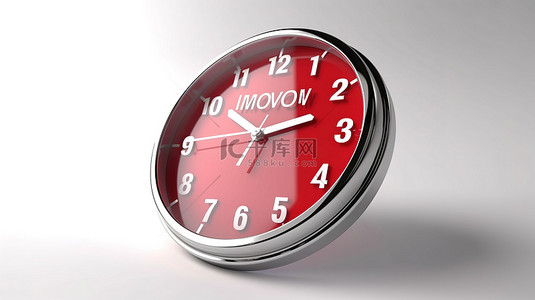 白色背景的 3D 渲染展示了一个圆形的现代办公时钟，上面有一个标志，上面写着“现在是完美的时间”