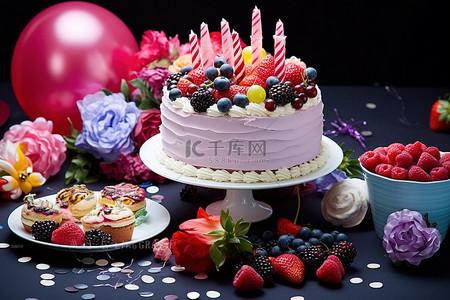 一个蛋糕，蛋糕旁边有鲜花和气球杯