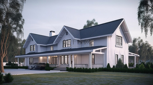 3D 渲染中华丽的灰色房屋外观