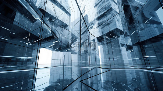3D 玻璃覆盖的摩天大楼办公楼中抽象的未来派建筑