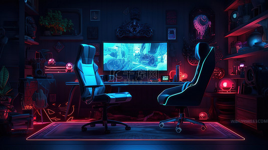 现代游戏玩家工作空间的 3D 插图，配有霓虹灯高科技显示器和符合人体工学的椅子