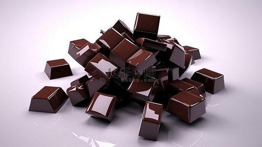 筹码巧克力背景图片_带有丰富黑巧克力块的方形巧克力片的 3D 插图