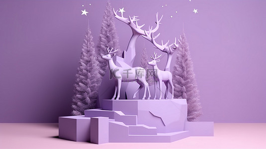 新旧对比海报背景图片_冬季仙境迷人的 3D 紫罗兰讲台与神奇的鹿