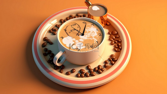 咖啡钟表以咖啡为表盘的时钟的 3D 插图