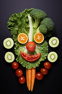 一组蔬菜，形状像一张脸，周围有橙片和生菜