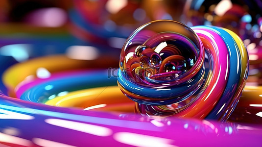 特写抽象插图的 3D 渲染，以彩色螺旋形成的光泽球为特色