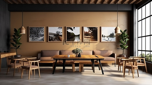 具有艺术风格的舒适咖啡厅休息室的 3D 渲染