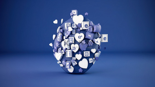 蓝色背景上 3D 渲染中围绕 Facebook 徽章旋转的一系列点赞