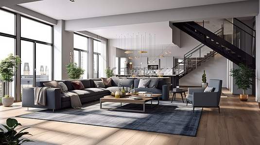 现代而宽敞的阁楼客厅在多个座位区拥有豪华的灰色沙发 3D 渲染