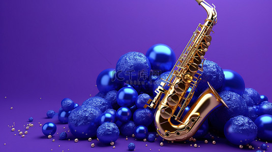 紫色背景上金色球海中蓝色萨克斯管的充满活力的 3D 渲染