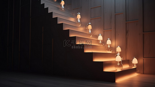 灯泡简约背景图片_带有发光楼梯的灯泡的简约 3D 渲染，象征着发展中的创造力和创新