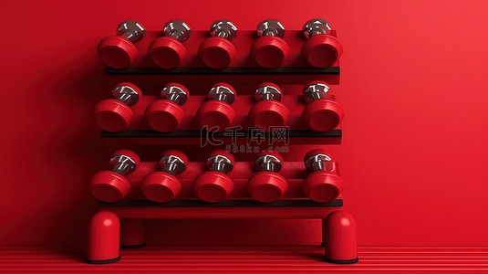 健身房哑铃架设备的红色背景 3D 渲染