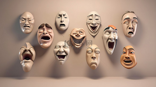 3D 插图通过面具探索情感和面部表情