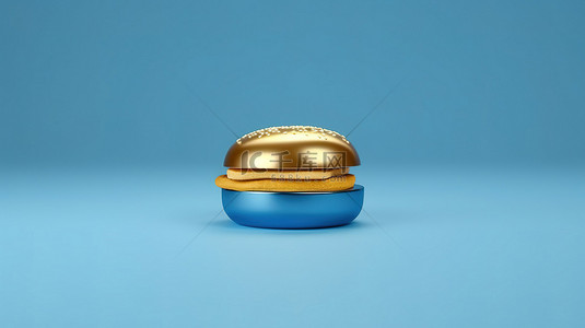 数字创建的蓝色背景下的简单而引人注目的 3D 金色芝士汉堡
