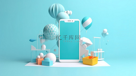 促销海报球背景图片_电子商务风格 3d 渲染智能手机购物和浮球移动应用程序在天蓝色横幅网站插图上进行夏季促销